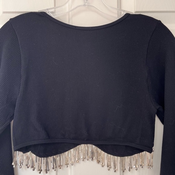 NWT Sincerely Jules Black Beaded Fringe Crop Top S/M - Picture 7 of 10